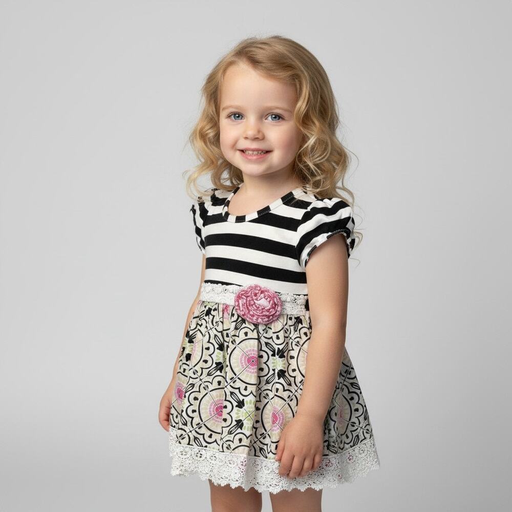 Counting Daisies Girls 3T Dress Geometric Stripe Lace Flower Toddler Multicolor